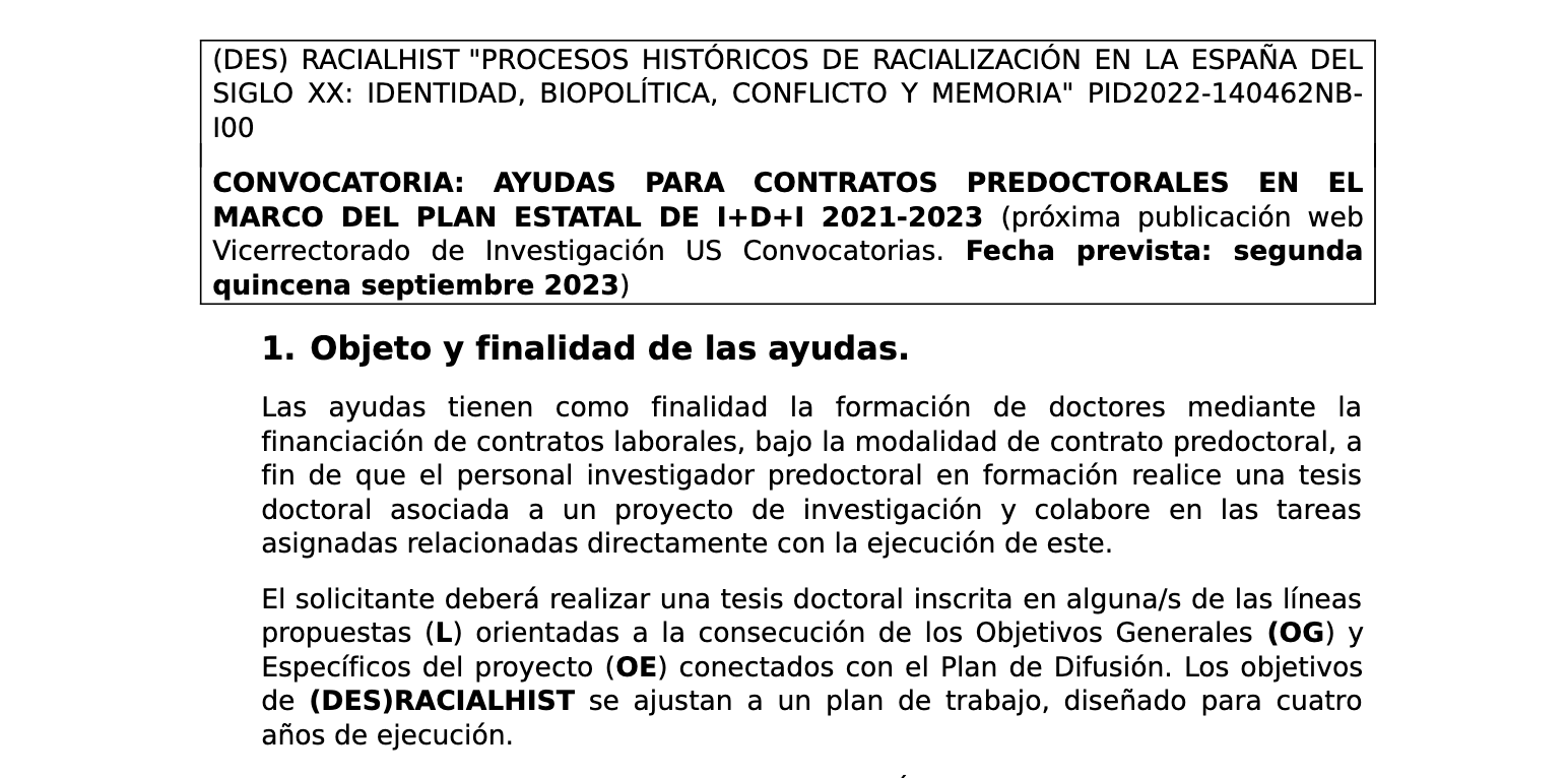 (DES) RACIALHIST &quot;HISTORICAL PROCESSES OF RACIALIZATION IN 20TH CENTURY SPAIN: IDENTITY, BIOPOLITICS, CONFLICT, AND MEMORY&quot; PID2022-140462NB-I00 