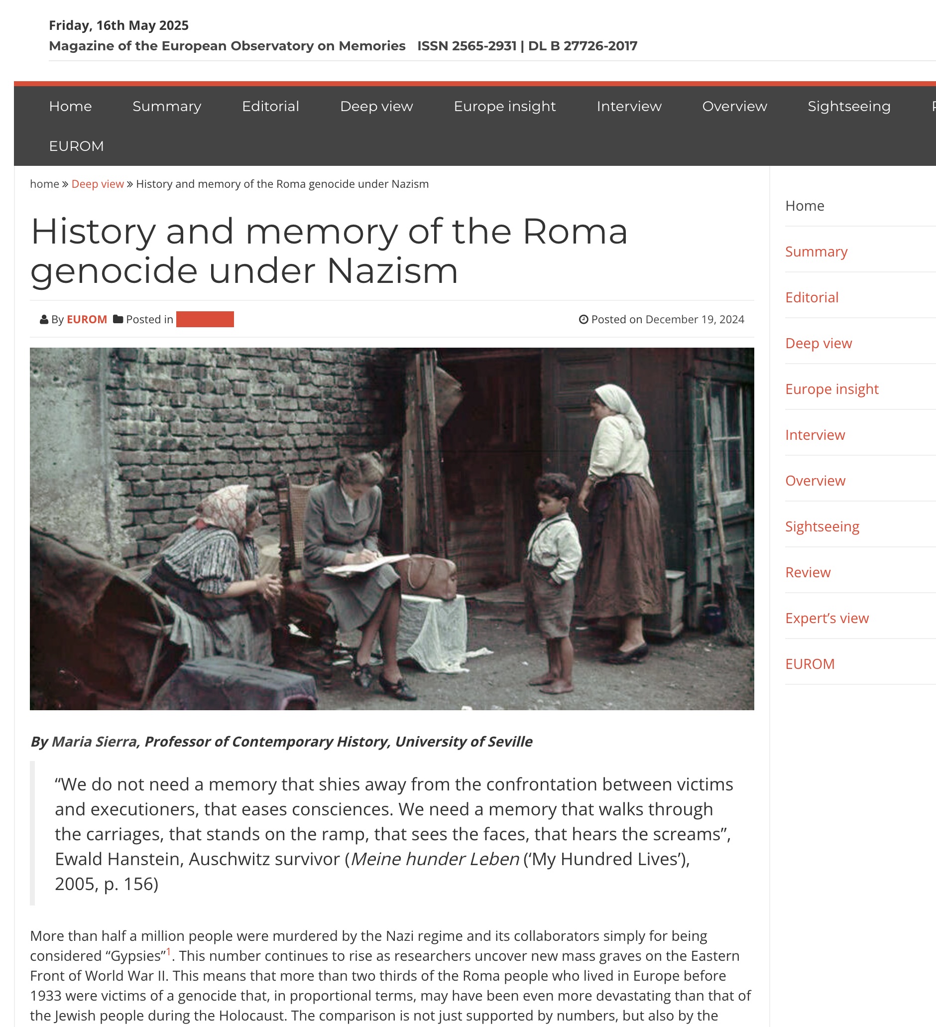 Nuestra compañera e investigadora principal, María Sierra, publica un artículo, “History and memory of the Roma genocide under Nazism”, en Magazine of the European Observatory of Memories. 19/12/2024