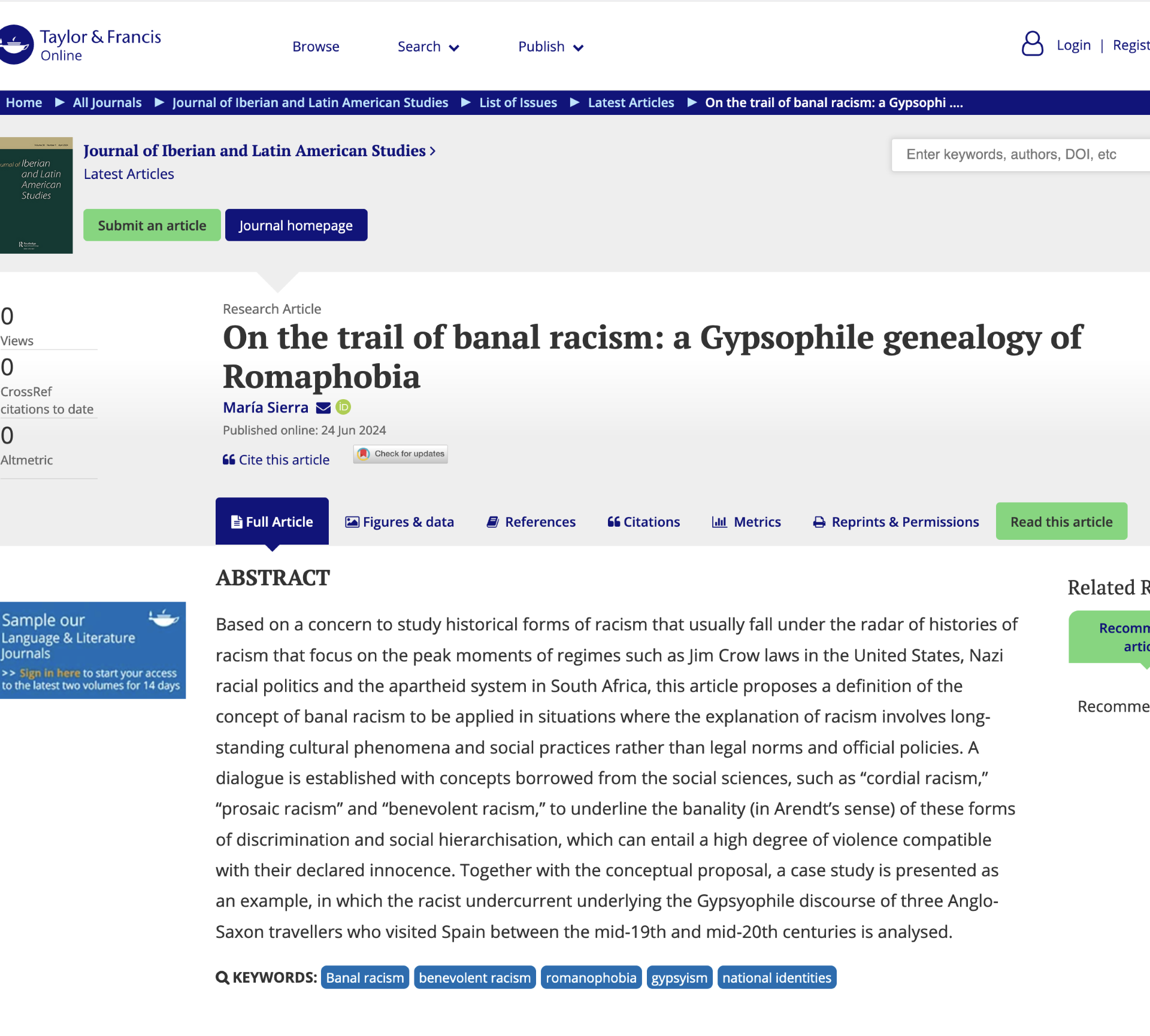 María Sierra publica su artículo On the trail of banal racism: a Gypsyphile genealogy of Romaphobia en Journal of Iberian and Latin American Studies