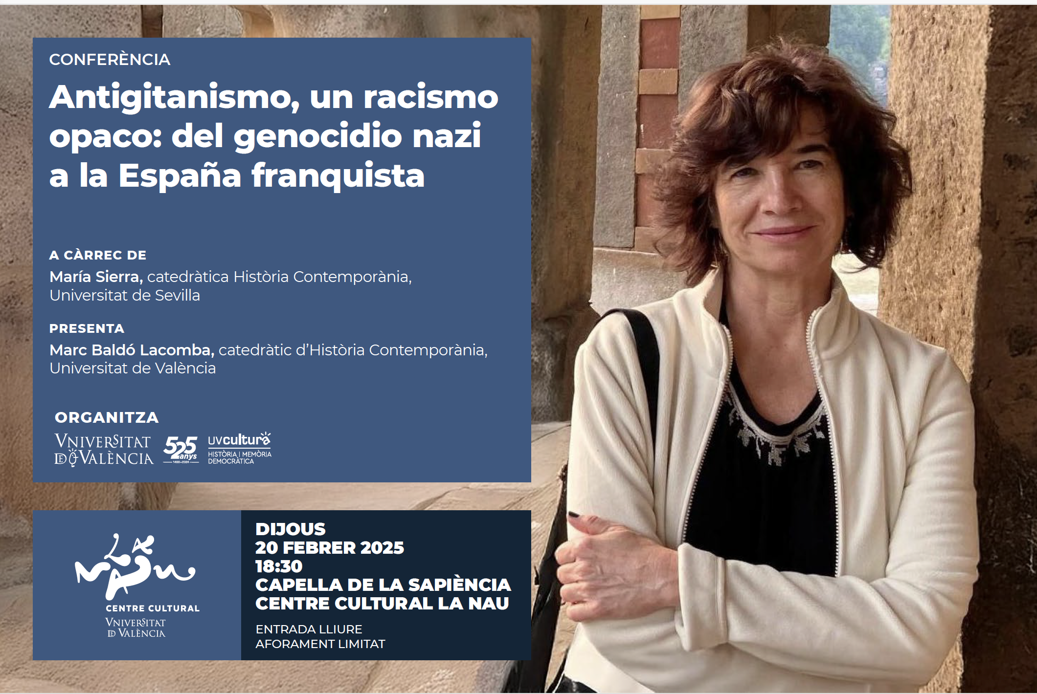 María Sierra imparte una conferencia en el Aula Història i Memòria de la Universitat de València. 20/02/2025