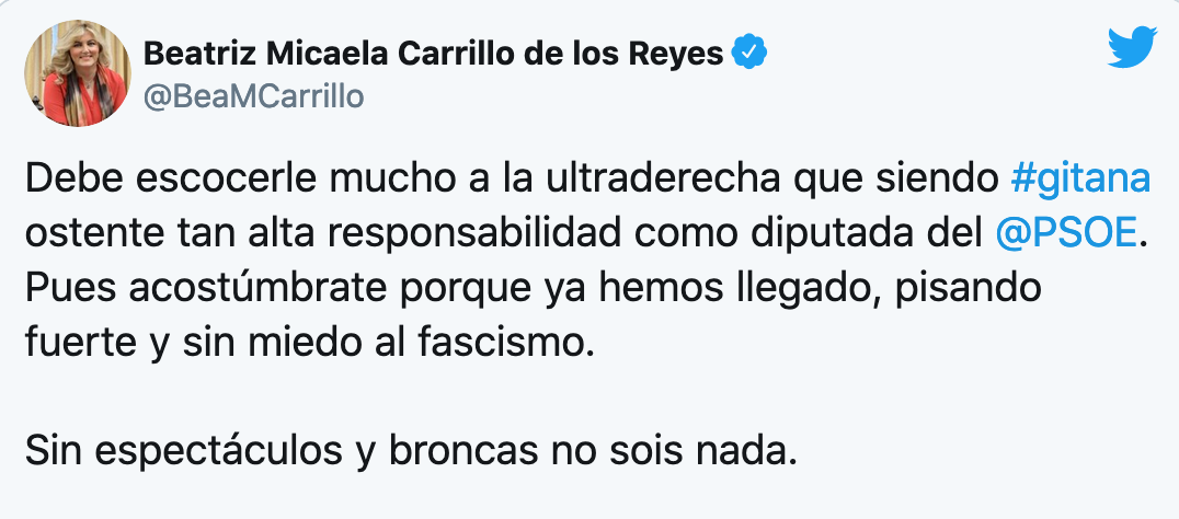 Tweet reaccion de Beatriz Carrillo de los Reyes